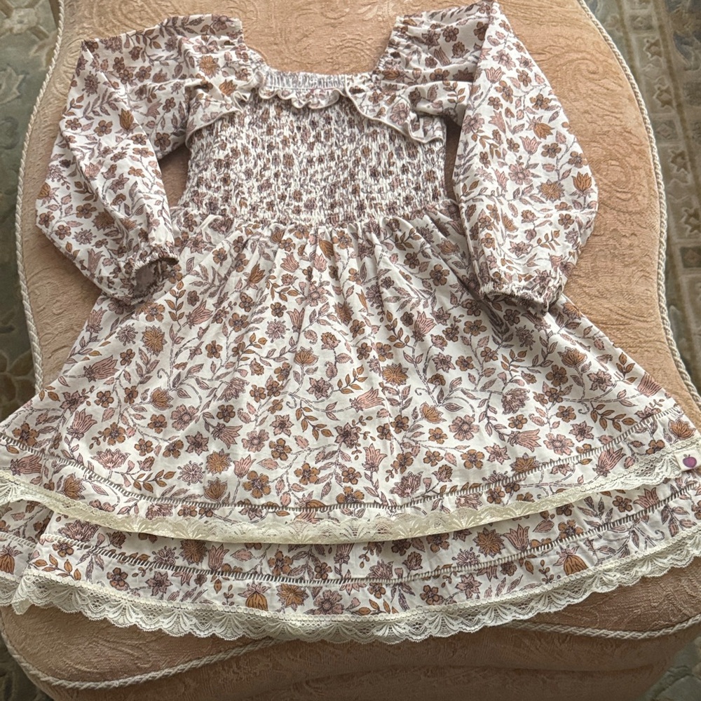 cheeky plum Floral Smocked Long-Sleeve Dress - Cream, Brown, Pink